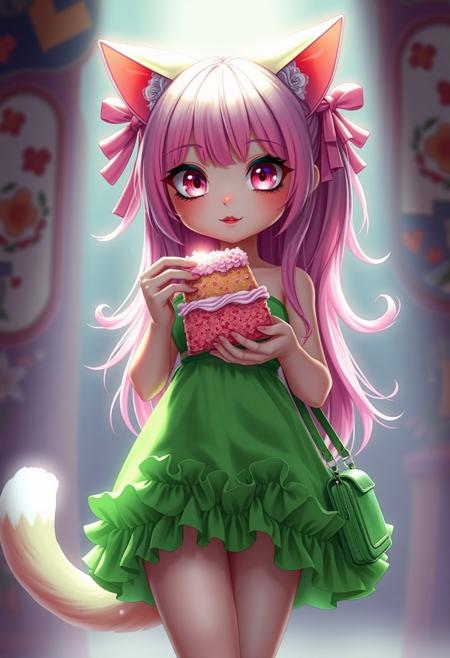 Realistic anime. 3d Pixar , Cat girl with neon pink hair that reaches the floor, sparkling pale pink eyes, voluptious, big boobs, wearing a short, slutty, green sundress with a ridiculous amount of frilly ruffles on the hem, cleavage, cute face, ribbons in hair, green Mary Jane shoes, green cross body purse, she is eating a whole cake with her bare hands. glow, god rays, ethereal, dreamy, heavenly, otherworldly, dream-like, breathtaking, captivating, divine, Bioluminescent,