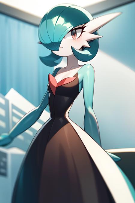 masterpiece, best_quality, 1girl, solo, gardevoir, pokemon \(creature\), blue hair, black dress<lora:gardevoir_v1:0.8>