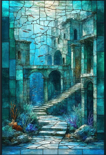 Construct a photorealistic depiction of a submerged city, shattered into stained-glass mosaics. Multiple perspectives entwine to form a mesmerizing composition, with crumbling architecture, coral reefs, and schools of fish rendered as geometric shards emanating a diffused, underwater glow. The color palette utilizes deep teal, aged ochre, and vibrant magenta, highlighting intersecting lines and fragmented forms. Integrate subtle photorealistic details within each glass fragmentâthe texture of algae, the movement of currentsâto create a compelling fusion of abstract geometry and tangible marine life, evoking a sense of forgotten grandeur and silent mystery.
