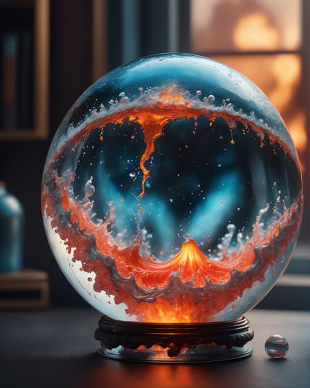 ultradetailed ultrarealistic, of a lava avalanche in a glass sphere, a perfect photography by Mark Mann and Ashraful Arefin ,muted wet colors, intricate artwork masterpiece <lora:hyperkraximalism_v1-1:0.25>
