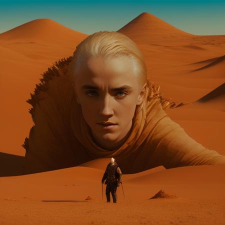 draco malfoy is harvesting spice in a stillsuit on the desert plant arrakis, DUNE, sandworm, <lora:Draco Malfoy v1.0:1>