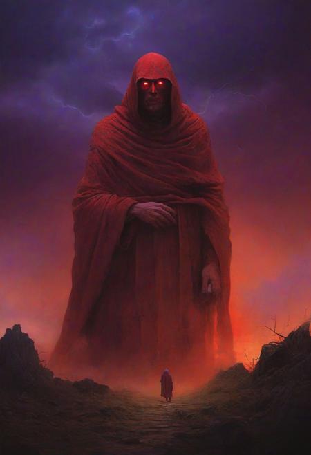 digital artwork by Beksinski, vibrant colors, red theme, purple theme, night, monk, glowing eyes, thunderstorm, monastery
