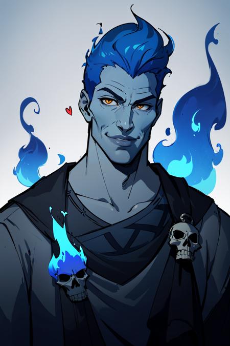 ((masterpiece,best quality)), absurdres,
<lora:Hades_Disney:0.7>, Hades_Disney,  (blue fire:1, fiery hair, blue fire), solo, 1boy, (heart on fire), young handsome face,
grey skin, smile,
skull accessory,
looking at viewer, upper body portrait, cinematic composition,