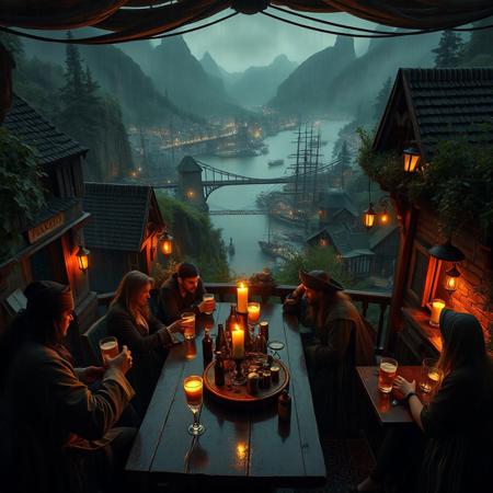 view from above, (masterpiece hyperrealisitic, medium format camera shot, fantasy oil painting, concept art 8k, high quality, detailing, textures)  Imagine a spooky atmospheric perfect fantasy tavern  with happy perfect hyperrealisitic pirates drinking beer, with cozy candle light, rain reflections, by the river, ( in the background a large fantasy hyperrealisitic bustling port town city metropolis sprawls), nestled between a verdant, ancient forest, encircled by cliffs and city bridges across the river used for logging, taking it to the perfect pirate ships and the crashing waves of the vast, unexplored ocean.