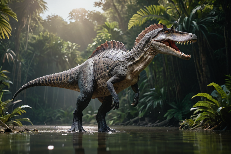 head of Spinosaurus with hypnotic eyes,  walking on hind legs with (short-arms:2)and scales and long neck, large spiney back and tail, in tropical rainforest lake<lora:Dinosaur_Generator_v2.0:.4>, award winning photograph + cinematic shot + photos taken by ARRI 65 + incredibly detailed, sharpen, details + professional lighting, photography lighting + 50mm, 80mm, 100m + lightroom gallery + behance photographys + unsplash, global illumination, epic award winning photograph (subsurface scattering:1.3), intracate details, ambient occlusion, global illumination, realism, hyper realistic, hyper detailed