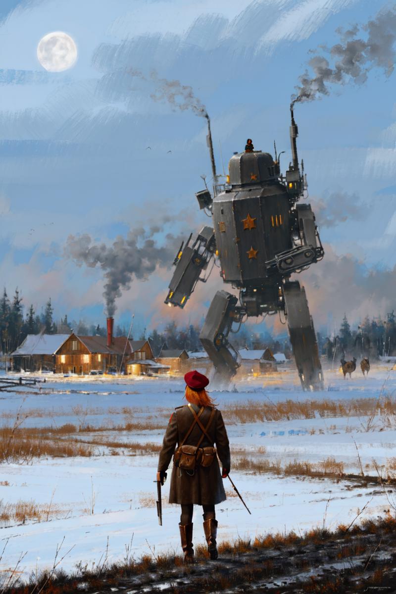 A female soldier stands in front of a massive robot in a snowy field.
