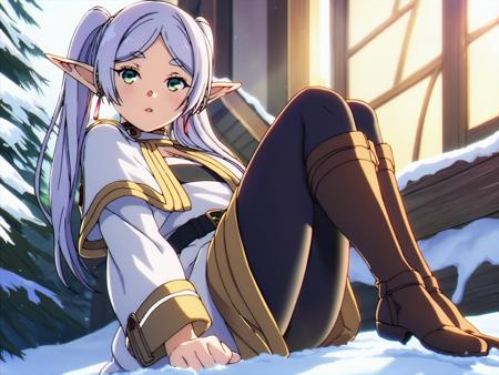 1girl, sfrieren, elf, pointy ears, silver hair, white hair, green eyes, BREAK
robe, black pantyhose, brown boots, belt, capelet, BREAK
sitting, wariza, looking at viewer, BREAK
snow, sitting on snow, BREAK
<lora:sfrieren_ponyxl:0.9>, score_9, score_8_up, score_7_up, score_6_up, anime,
(high quality, detailed, beautiful), shiny, detailed beautiful eyes, outstanding, countershading, detailed soft lighting, backlighting