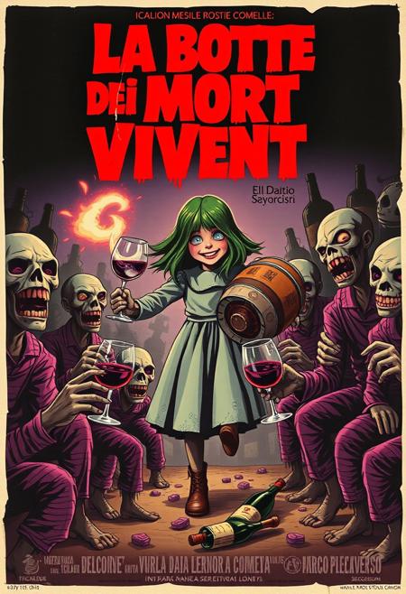 Create a vintage-style Italian horror-comedy poster for La Botte dei Morti Viventi (The Cask of the Living Dead), a playful sequel to The Enorcist. Set in a spooky 1970s Italian countryside, the poster should show the now-possessed little girl carrying her inseparable wine cask, joyfully sharing wine with a group of delighted zombies. These undead characters should have a humorous twist, with goofy smiles and wine glasses in hand, eagerly waiting for a pour.
The design should echo classic horror posters with bold, dramatic colors, dark shadows, and eerie lighting but with a satirical undertone. Include Italian text for authenticity, using retro 70s typography. Show the girl pouring wine from the cask with a ghostly glow or red wine-colored mist emanating from it. Add small, fun details like wine bottles scattered around, some broken, and happy zombie faces with purple wine-stained lips. For extra effect, age the poster with tears, faded colors, and a slightly rotten, crumpled paper look, as if it has been plastered on a wall since the 70s.