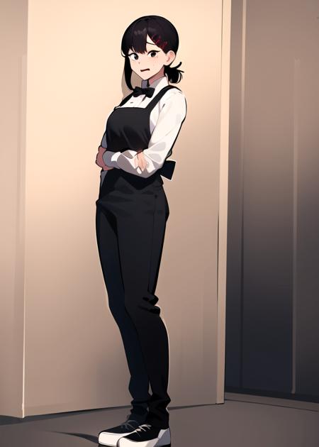 masterpiece, absurdres, full body,  <lora:higashiyama_kobeni:1>higashiyama_kobeni, hair ornament, hairclip, 1girl, solo, black hair, short ponytail, collared shirt, bowtie, apron, slacks, pants,  nervous,