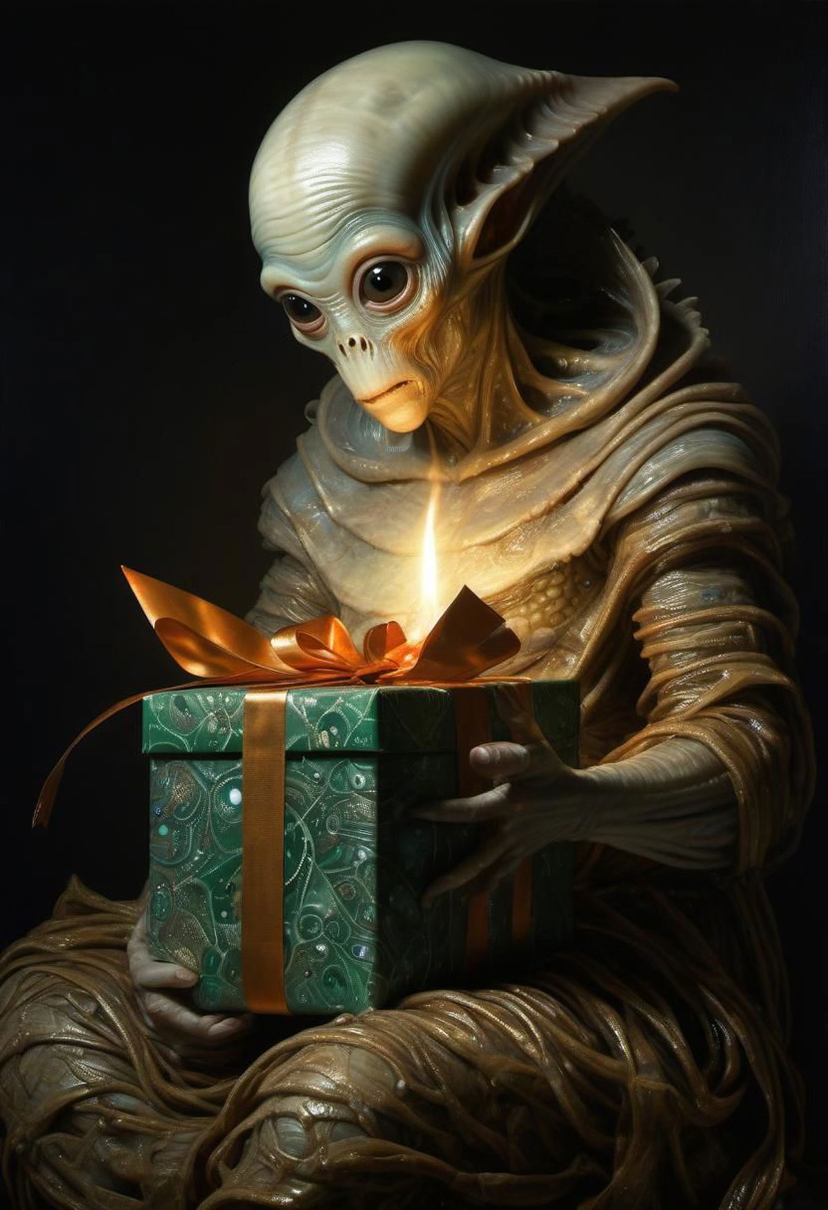 Detailed realistic painting by Vermeer and Rembrandt of alien covered in scalesholding a wrapped Christmas present covered...