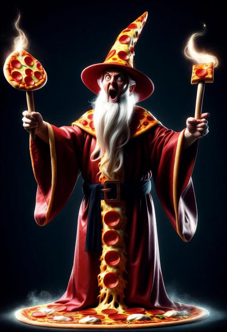 pizzasdxl, wizard, robes, pointy hat, magic staff, fireball, casting a spell, arms raised, shouting, dark background