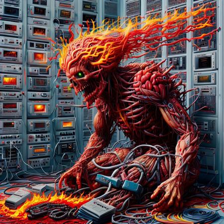 man who has his whole head on fire wearing magazines and newspapers crawling out of a wall of static,  hi end science equipment in clean room multiple colors teletext ceephax  in the style of come to daddy aphex twin super high detail electricity bolts blood on the walls
