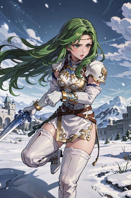 (holding sword,fighting stance:1.2),<lora:annandV1-000016:0.8>,annand, circlet,armor, white short dress, zettai ryouiki, thigh boots, breastplate,belt, shoulder armor, white footwear, elbow gloves, jewelry, bracelet, sleeveless, detached sleeves, fur trim, long sleeves, white thighhighs,high heels, gold trim, thighs, sleeveless dress, snowing,snow mountain,castle,outdoors,(masterpiece, best quality, ultra-detailed, best shadow)