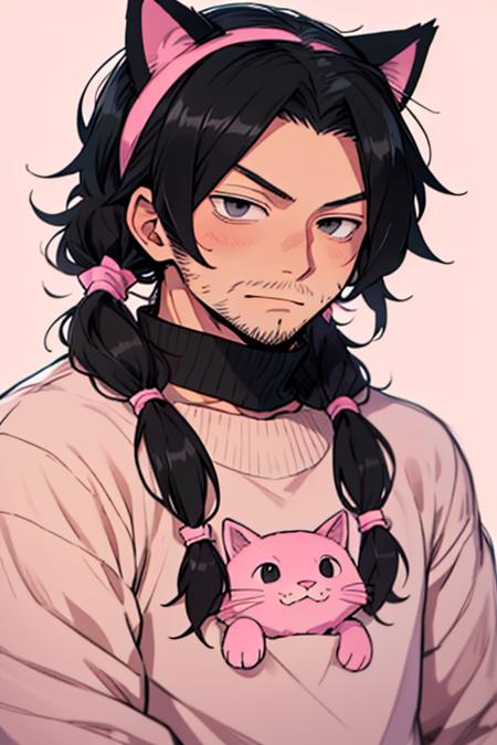 1boy, catboy aizawa shouta,a neutral man with long black hair,  pulled back, cute pigtails, with black eyes, stubble, wearing a pink cat sweater, with a pink cat ear headband looking at the camera viewer