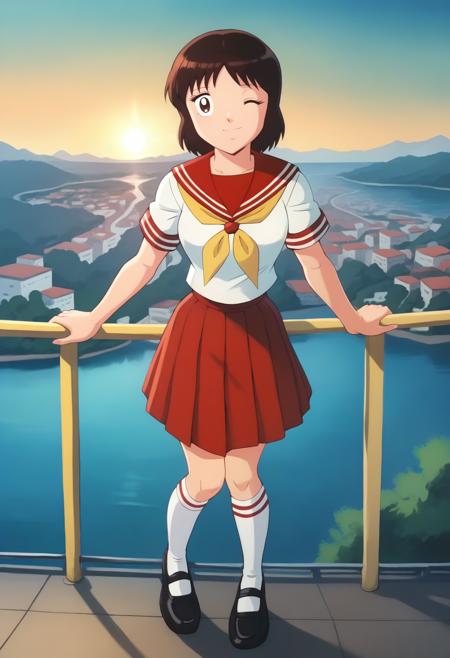 CPTTSanae, brown hair, brown eyes, short hair, white sailor collar, yellow neckerchief, red serafuku, red shirt, red skirt, white kneehighs, black shoes, red sailor collar, yellow neckerchief, white serafuku, red skirt, white kneehighs, black shoes, red jacket, track jacket, track suit, track pants, white sneakers, light blue shirt, short sleeves, white pants,