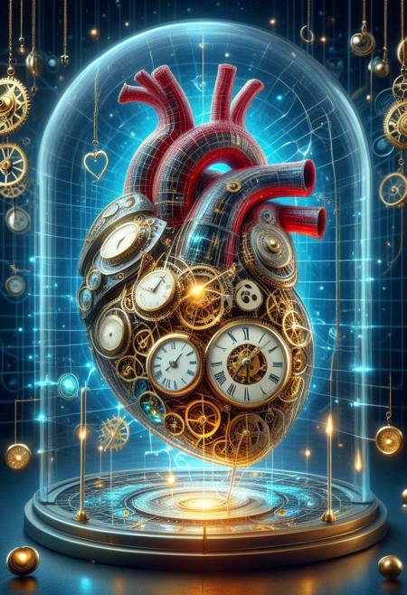 a pulsating mechanical heart made entirely of interwoven golden clockwork, intricate silver gears rotating in harmony with each beat, glowing blue veins of liquid time coursing through its structure, suspended in an ornate glass container surrounded by a spiraling astrolabe, reflections of different timelines flickering in its surface, the rhythmic ticking resonating like a heartbeat through an endless void, surreal lighting, ultra-HD sculpting, hyper-detailed engravings, bioluminescent highlights, cyber-mystical aesthetic