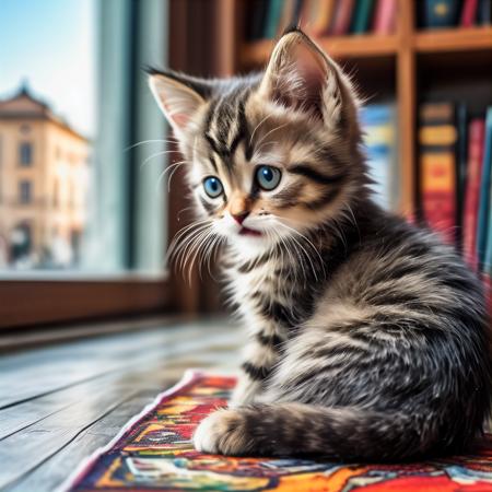 sticker of a kitten playing on a scarpet in a big library room with windows to old city, caricature sticker,  hdr sticker, masterpiece sticker, high detailed sticker, vibrant colors, looking at viewer  <lora:Jussi_the_neural_cat-000002:0.8>