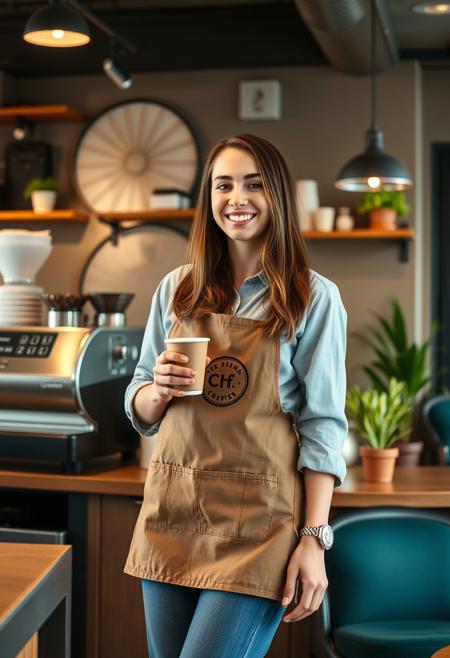 a full-body view of a cheerful young woman, age 26, standing behind the counter of a stylish coffee shop, holding a steaming cup. She’s wearing a casual shirt, jeans, and an apron with the shop’s logo. The background includes artisan coffee machines, potted plants, and cozy seating. Photographed with a 35mm lens for warm and inviting details, MidJourney v6.