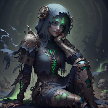 detailed eyes, perfect face, <lora:WorldofSigmarnighthaunts:1>, worldofsignighthaunts, tattered rags, green glowing aura, 1girl, armoured dress, sitting, smiling, looking at viewer, volumetric lighting,