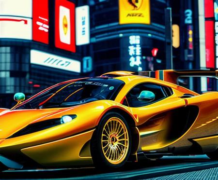 a hover car, racer, made in Japan, flying, sleek, by Ferrari, by McLaren, in Ginza Tokyo, cyberpunk, futuristic, neon, golden hour, dynamic lighting, hdr, photography,