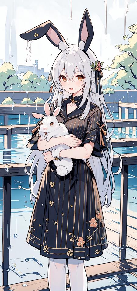 masterpiece,best quality, 1girl,  <lora:LowPinkStyle-000013:0.7>, 1girl, animal ears, brown eyes, eyebrows hidden by hair, grey hair, hair between eyes, long hair, rabbit ears, very long hair,  diagonal stripes, rain, striped, wet