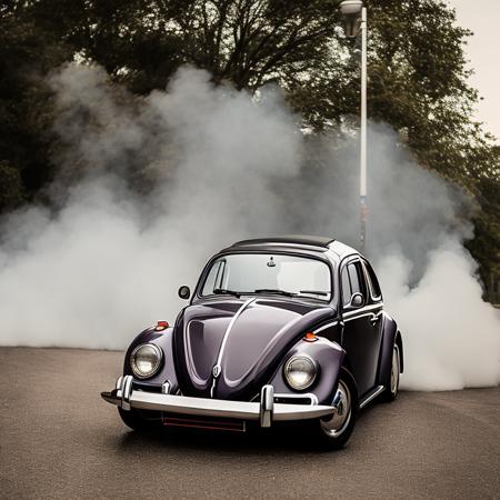 dramatic photo of a retro Volkswagen Beetle car, under street light, darkness with smoke, in crpht-4300 photography style