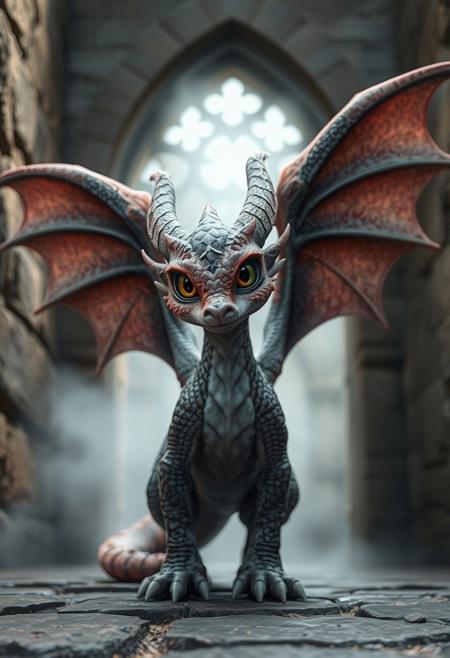 close up shot of a cute Wyvern with huge wings, mist rising off it ,(in a ancient stone castle), looking at the camera, hyper realistic, photography style, ultra detailed