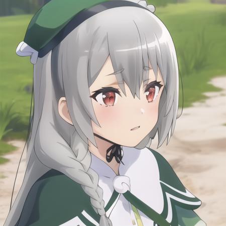 (masterpiece, best quality:1.2),illustration,8k,hd,1girl,solo,full body,red eyes,bangs,long hair,braid,grey hair,hat,hairband,green dress,thighhighs,very long hair,layered sleeves,gloves,green headwear,side braid,white capelet,hair between eyes,boots,<lora:Maidena Angers-V1>,