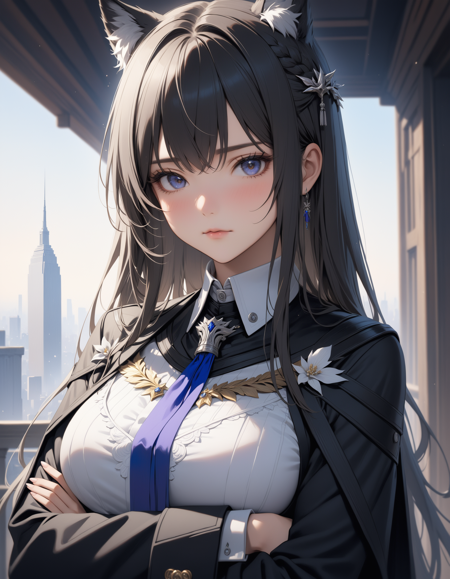 (masterpiece, best quality, ultra detailed), intricate details,
1girl, texas the omertosa \(arknights\), arknights, blush, looking at viewer, closed mouth, crossed arms,