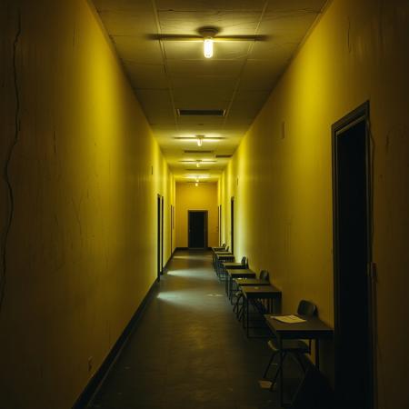 Un couloir interminable, baigné dans une lumière jaune maladive, s’étend dans un silence épais. Les néons bourdonnent faiblement, certains clignotent, projetant des ombres erratiques sur les murs délavés. Les carreaux blancs sont fissurés, tachés de moisissures qui s’étendent comme des veines mortes sous la peinture écaillée. Il n’y a pas de fenêtres. Il n’y a jamais eu de fenêtres.
Les portes des salles de classe sont entrouvertes, mais derrière, il n’y a rien. Rien d’identifiable. Juste des tableaux noirs où des traces de craie semblent s’effacer et réapparaître toutes seules. Des bureaux décalés, certains renversés, comme si quelque chose avait tenté de s’asseoir mais n’avait jamais su comment. L’odeur est atroce : un mélange de bois pourri, de papier brûlé et… quelque chose de plus ancien, de plus profond.
Parfois, au détour d’un couloir, un bruit résonne. Pas un cri. Pas un murmure. Juste… un raclement. Comme si quelque chose traînait sur le sol, lentement, sans jamais s’arrêter. Tu ne peux pas dire d’où ça vient. Ça ne semble pas se rapprocher. Ni s’éloigner.
Il n’y a pas d’horloge. Il n’y a pas d’issue. Juste ce labyrinthe de salles vides, de couloirs sans fin, de portes qui ne mènent nulle part. Un endroit oublié, mais pas abandonné.
Et au loin, un haut-parleur grésille. Une voix artificielle, déformée, déclame une annonce scolaire incompréhensible. Chaque syllabe résonne trop longtemps, comme si l’endroit lui-même refusait de la laisser s’éteindre.