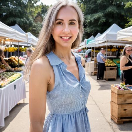 RAW photo of  virag, Showcasing charm in a Polka dot dress and kitten heels at a vibrant outdoor market, (high detailed skin:1.2), 8k uhd, dslr, soft lighting, high quality, film grain, Fujifilm XT3,  <lyco:virag:1.0>