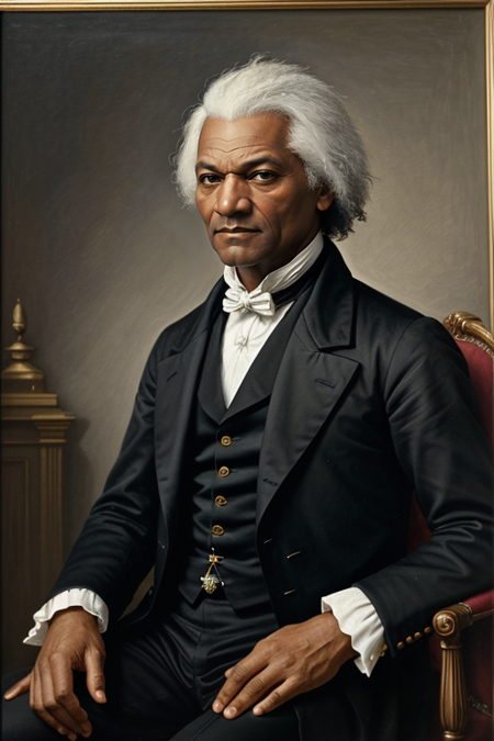 FrederickDouglass, photography by (David LaChappelle:1.3), French royalty clothing, 1789, seated on throne, King of France, modelshoot, pose, (closeup on upper body:1.3), Flemish masters, luxurious fabrics, silk, Versailles, French aristocracy, palace interior, 1782, large oil paintings on walls, portrait