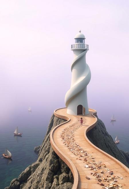 A solitary lighthouse reimagined as a smooth, spiraling sculpture sits at the edge of a foggy coast, small round-faced characters collecting shells along curved walkways, scattered boats shaped like leaves, the sky tinted soft lavender, blending wonder with modern design, vivid