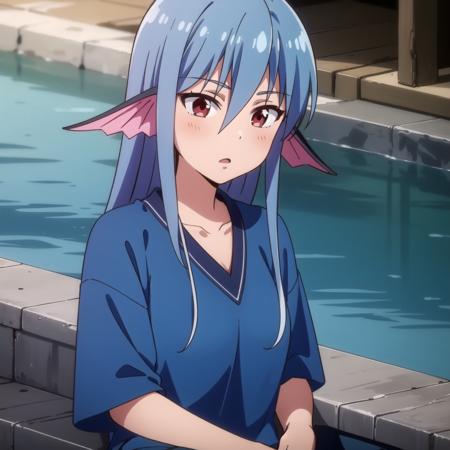 1girl, solo, long hair, red eyes, blue hair, head fins, blue shirt, short pants, upper body, <lora:Leviathan:0.6>