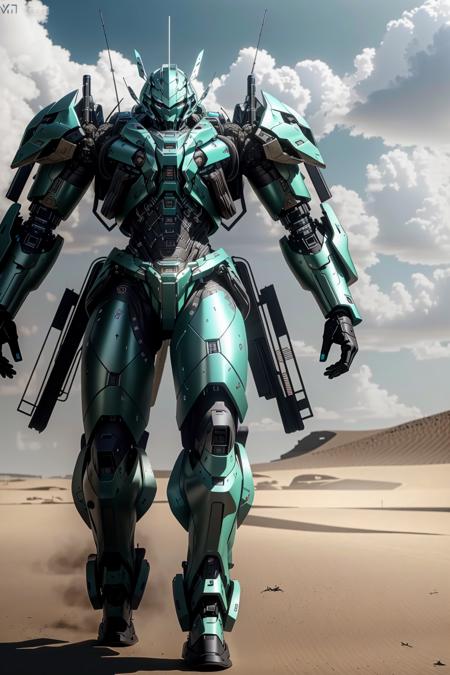 <lora:zzmckzz_v1:1>
masterpiece, highly detailed photorealistic 8k raw photo, volumetric lighting and shadows, best quality 
teal metallic mecha, glowing texture, (Walking as if on hot sand:1.2)
clear and defined war background