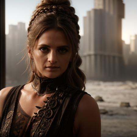 mature woman, in front of post-apocalyptic ruins, ((portrait, close up, upper body)), ((pagan priestess)), post-apocalypse, long hair, braid, disdain, angry, pagan motives, detailed, realistic, destroyed city in background, god rays, reflection, raw, dramatic lighting, stanakatic,  <lyco:StanaKatic:1.0>, (masterpiece, best quality, ultra-detailed, best shadow), high contrast, (best illumination), ((cinematic light)), colorful, hyper detail, dramatic light, intricate details, (1 girl, solo) , ultra detailed artistic photography, dreamy, backlit, shadows, ultra high definition, 8k, ultra sharp focus, ultra high quality model, soft lighting, film photography, analogue photography, hyperrealism,