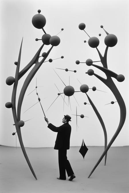 <lora:Gilbert Garcin Style:1>Gilbert Garcin Style - a man holding a sculpture in his hands the sculpture is recursive and has impossible details walking throughout the sculpture are voyagers and druids style of Robert Capa and Alexander Calder