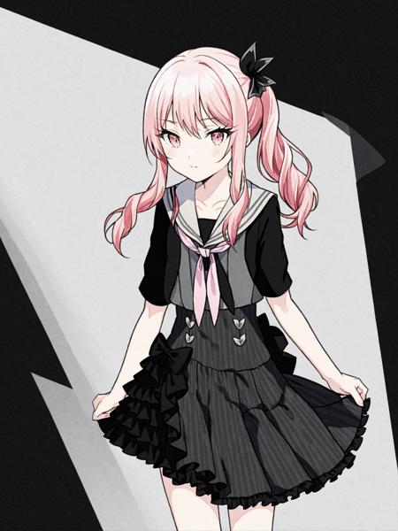 masterpiece, best quality, akiyama mizuki, black serafuku, two-tone neckerchief, striped dress, frilled skirt, full body, short sleeves