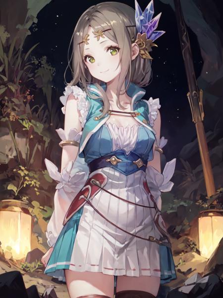 1girl, solo, masterpiece, best quality, charfirisnorm, upper body, standing, looking at viewer, closed mouth, smile, hair ornament, circlet, arms behind back, crystal, cave, <lora:firisv1i-000014:0.8>