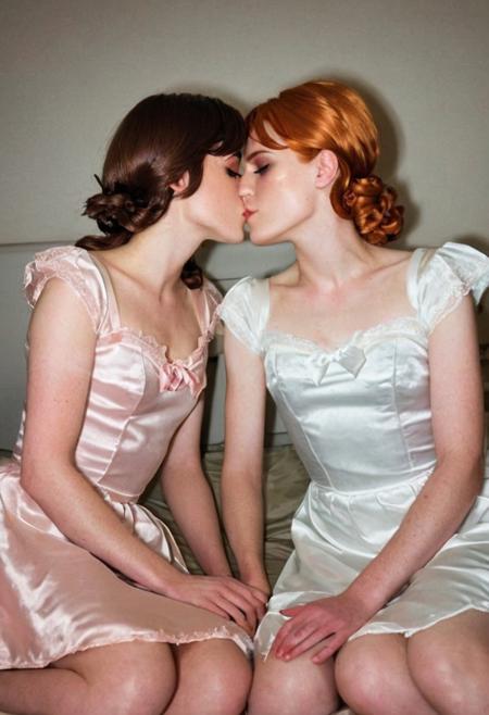 two cute skinny crossdressers, light freckles, slight smile, (lesbian kissing:2), touching
high contrast flash photography, night time, lying next to each other in bed, cheap motel, body hair
(light makeup:1.2)
loose (satin:2) 50s dreseses, petticoats, ribbons, lace trim