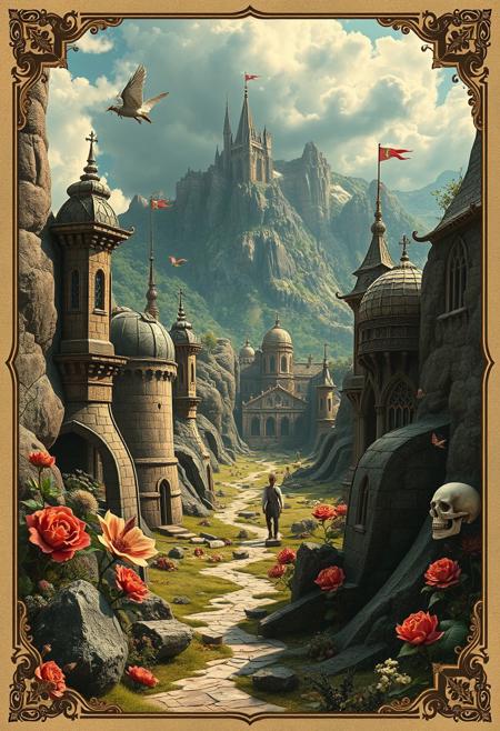 A fantasy-inspired advertisement, where a bold, graphic centerpiece is framed by highly detailed floral and medieval patterns, merging vintage commercial art with storybook elegance., surreal landscape photography meets expressionist figuration, constructed environments with raw, distorted human elements, hyperreal nature infused with bold linework and visceral emotion, manipulated scale and perspective, stark contrast between artificial beauty and human brutality, expressive textures in staged settings, psychological symbolism, modernist grotesque forms set within photographic landscapes, architectural fragments and surreal models clashing with abstract figures, ambiguous spatial narratives, visual tension between control and chaos, hybrid of photographic realism and neo-expressionist intensity