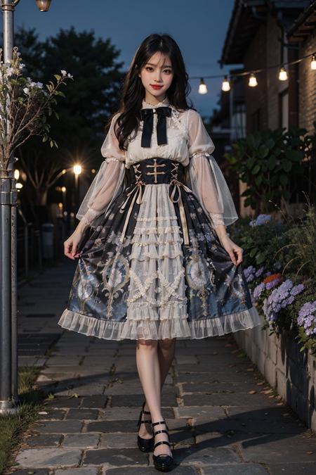 best quality, quality, masterpiece, photorealistic, 1girl, solo, looking at viewer, smile, full body, lo dress, bow, long sleeves, high heels, detailed background, in garden, flower, night, light, <lora:lo_dress_vol2_style6_v1:0.65>