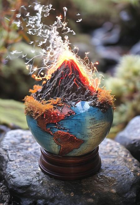 On a cluttered desk, jostled by stray pens and forgotten coffee mugs, sits the Elemental Globe. Unlike its snow-filled cousins, this globe holds a swirling tempest within its smooth, obsidian-like surface. Continents of brown sand rise from shimmering blue oceans, sculpted by wispy silver tendrils of wind that crackle with miniature lightning. A tiny volcano erupts deep within, spewing red lava that hardens as the wind conducts its chaotic symphony of earth, fire, water, and air. A mesmerizing reminder of nature's untamed power, nestled amongst the clutter.