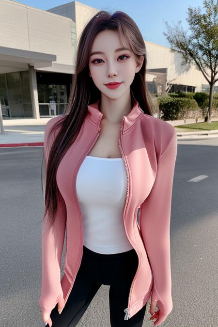 (8k, RAW photo, best quality, masterpiece:1.2), (realistic, photo-realistic:1.37),\(ulzzang-6500-v1.1\),\(detailed eyes\), \(detailed facial features\), \(\(detailed clothes features\)\), (full body:1.3),(large breasts),(face focus),extremely detailed CG unity 8k wallpaper, huge filesize, ultra-detailed, highres, absurdres,beautiful eyes,ray tracing, dramatic shadows,fine detail,dramatic angle,high saturation,lens flare,(standing),soft light,Detailed skin texture, detailed clothing texture,looking at viewer, 
1girl, solo,light blush,(smile face,happy),solo,  <lora:yundong-000014:1> long_tracksuit,yoga pants <lora:koreandolllikenessV20_v20:0.5> <lora:taiwanDollLikeness_v10:0.3>,closed jacket,