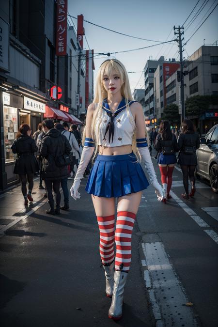 shimakaze \\(kancolle\\) elbow gloves striped thighhighs highleg panties blue pleated skirt boots