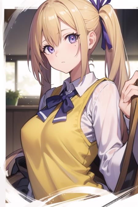 maikawakami, <lora:maikawakamitest:1>, mai kawakami, blonde hair, hair ribbon, long hair, mole, mole under eye, ribbon, side ponytail, (purple eyes:1.2),
BREAK school uniform, skirt, vest, yellow vest,
BREAK indoors, classroom,
BREAK looking at viewer,
BREAK <lora:GoodHands-vanilla:1>, (masterpiece:1.2), best quality, high resolution, unity 8k wallpaper, (illustration:0.8), (beautiful detailed eyes:1.6), extremely detailed face, perfect lighting, extremely detailed CG, (perfect hands, perfect anatomy),