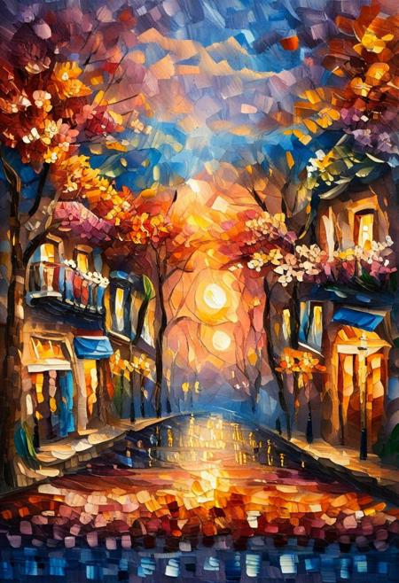 Mix of paper quilling and oil Painting in the style of Leonid Afremov, a highly detailed illustration of a quaint cobblestone street in a historic European town, with flowers blooming on balconies, captured in golden hour lighting.
