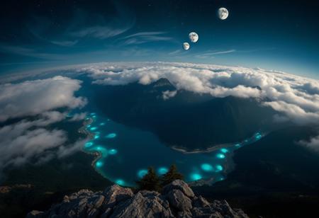 POV, on top of a mountain, looking down from mountain top, geological basin at the base of mountain, rivers leading to basin from mountains, basin surrounded by mountains, shore line, trees, clear blue water, swirling clouds, cloud streams, mist over basin, at night, dark, moon, moon light, glowing orbs in air around basin, glowing orbs under water surface, stars, night sky, nebula, 3 moons in sky,