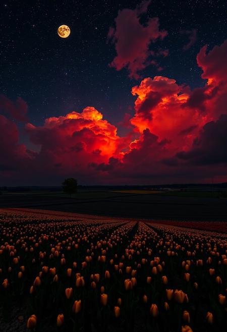(((Black and gold tulips))), extremely detailed sky, from a high cliff, starry sky, dark night, moon on fire, fields of black and gold tulips, beautiful fields, very bright, vibrant clouds, red clouds, storm coming, 8k wallpaper, romantic, perfect quality, very detailed, beautiful