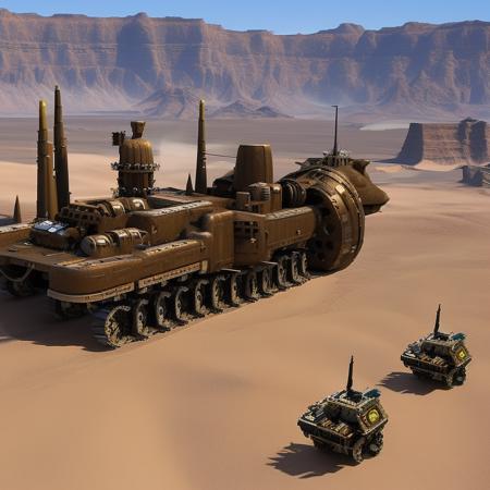 A steampunk land battleship moving through the desert